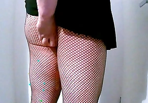 Chubby Virgin Sissy Ass Swallows Small Double Ended Dildo Debilitating Fishnets with the addition of A Mini Skirt
