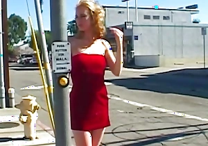 Of age guy picks up blonde in red unladylike from street for blowjob and cowgirl fun