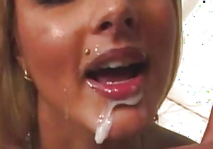 After having her booty creampied the blonde squeezes out the hot load to taste quickening