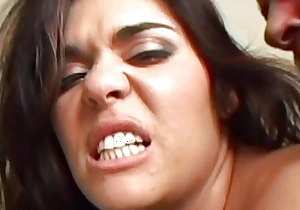 Perfectly curvy brunette gets her dark hair smeared with cum after a massive anal threesome