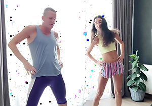 Bi triad - stepdad seduces stepdaughter and her boyfriend during training for ardent sex